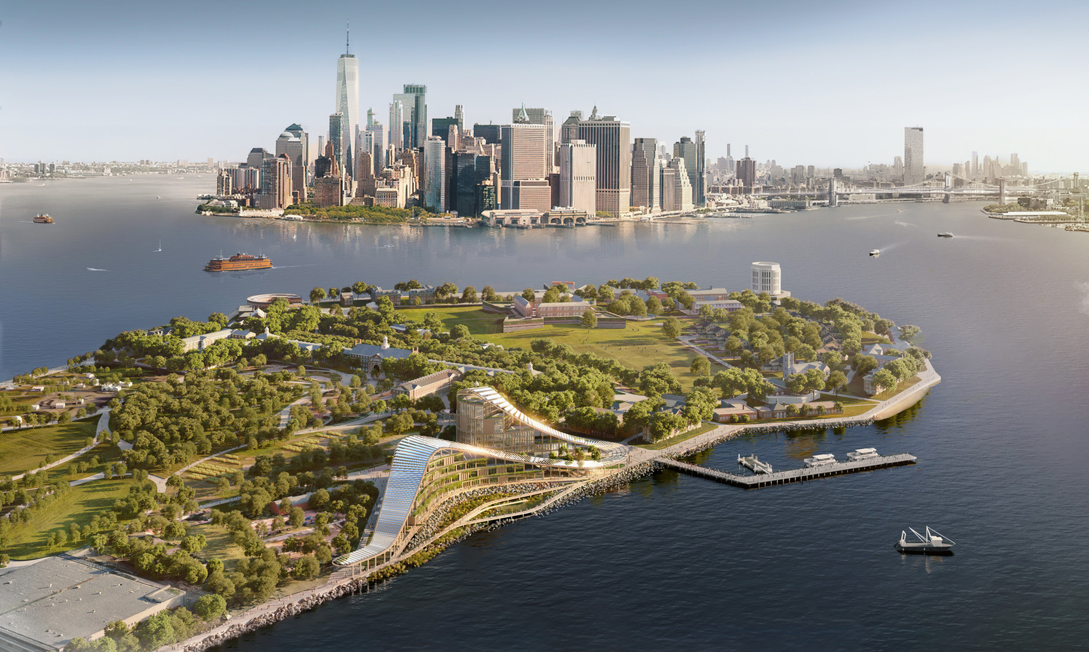 Aerial rendering of The New York Climate Exchange campus on Governors Island with the Manhattan skyline behind