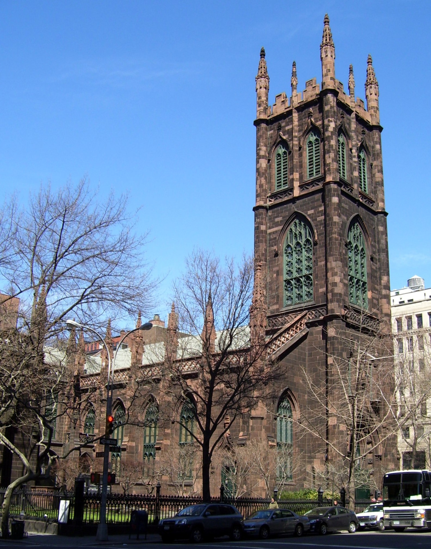 First Presbyterian Church in the City of New York, a Gothic Revival brownstone church with a crenellated tower on Fifth Avenue